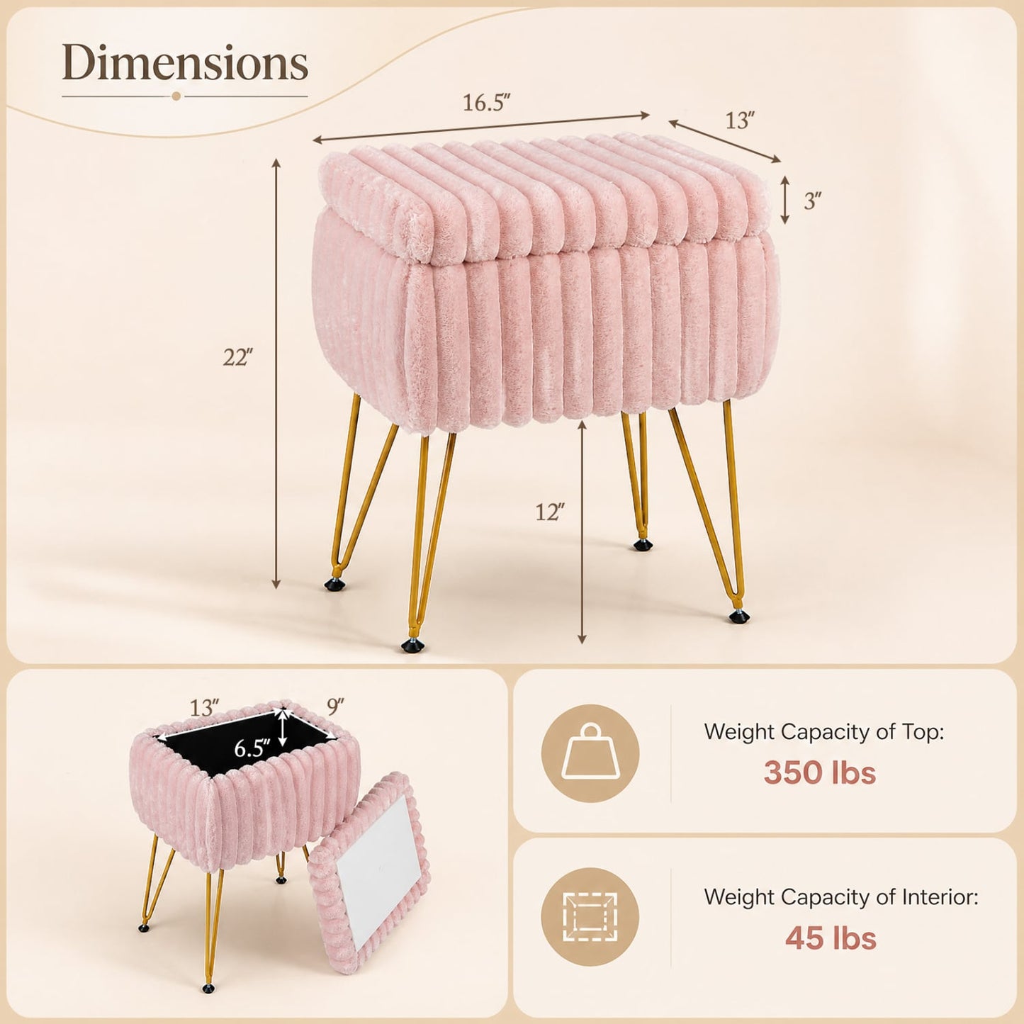 Tabouret de coiffure avec rangement, pouf en fausse fourrure, rose
