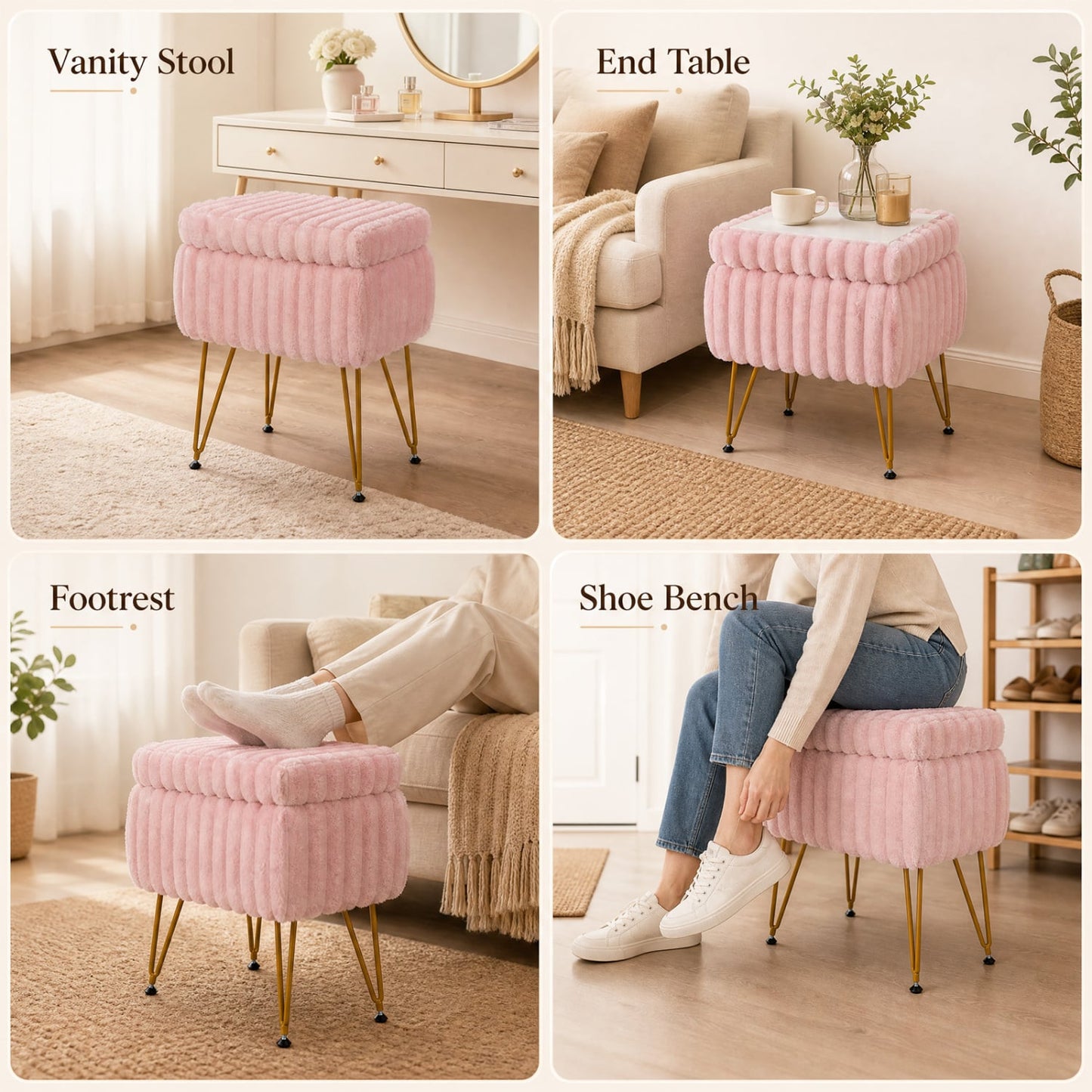 Tabouret de coiffure avec rangement, pouf en fausse fourrure, rose