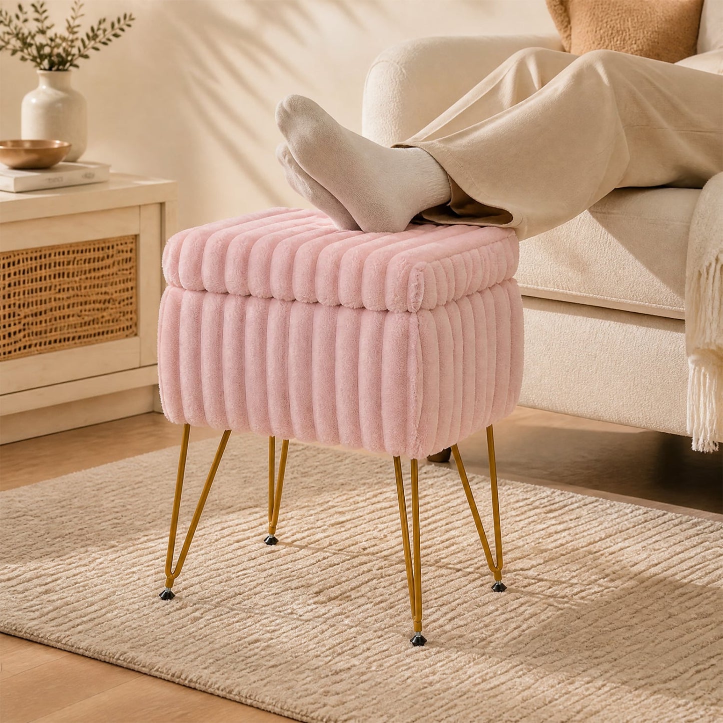 Tabouret de coiffure avec rangement, pouf en fausse fourrure, rose