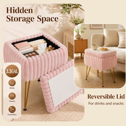 Tabouret de coiffure avec rangement, pouf en fausse fourrure, rose
