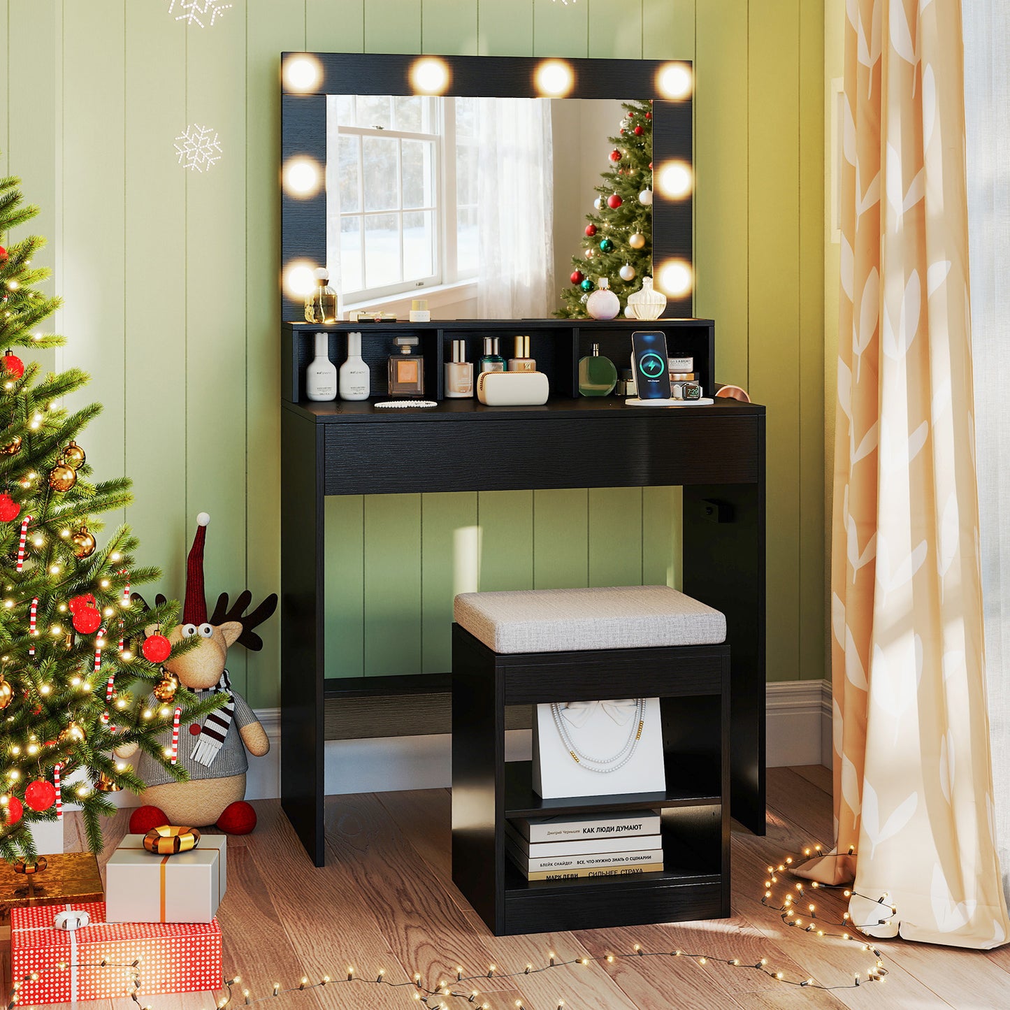 Vanity Table Set with Lighted Mirror and Cushion Stool, Black Makeup Vanities at Gallery Canada