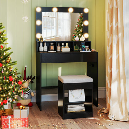 Vanity Table Set with Lighted Mirror and Cushion Stool, Black Makeup Vanities at Gallery Canada
