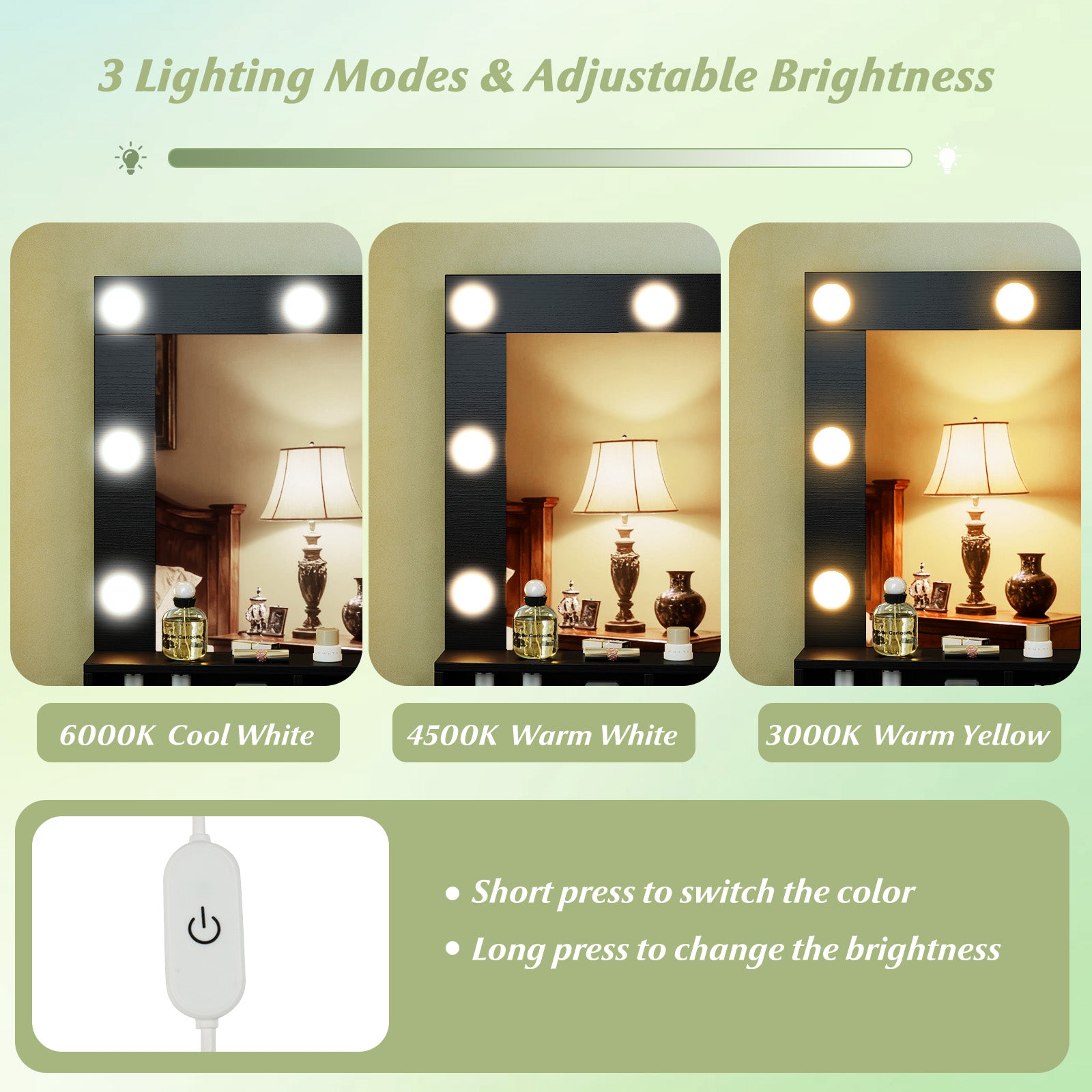 Vanity Table Set with Lighted Mirror and Cushion Stool, Black Makeup Vanities at Gallery Canada