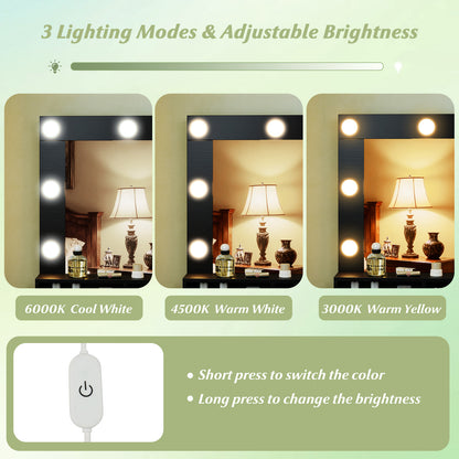 Vanity Table Set with Lighted Mirror and Cushion Stool, Black Makeup Vanities at Gallery Canada