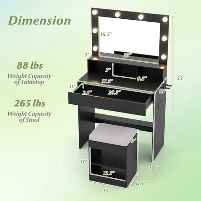 Vanity Table Set with Lighted Mirror and Cushion Stool, Black Makeup Vanities at Gallery Canada