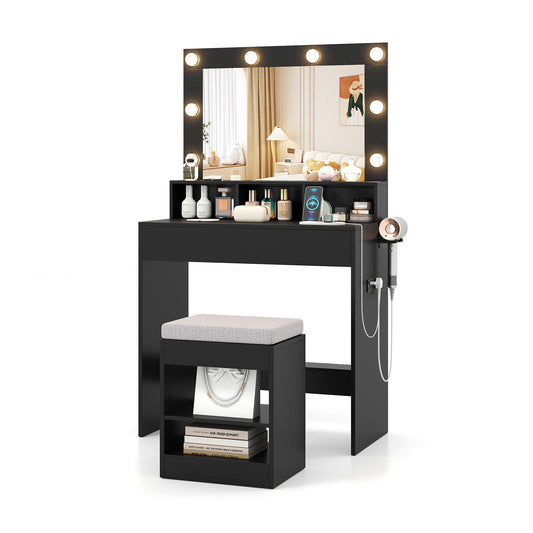 Vanity Table Set with Lighted Mirror and Cushion Stool, Black Makeup Vanities Black at Gallery Canada
