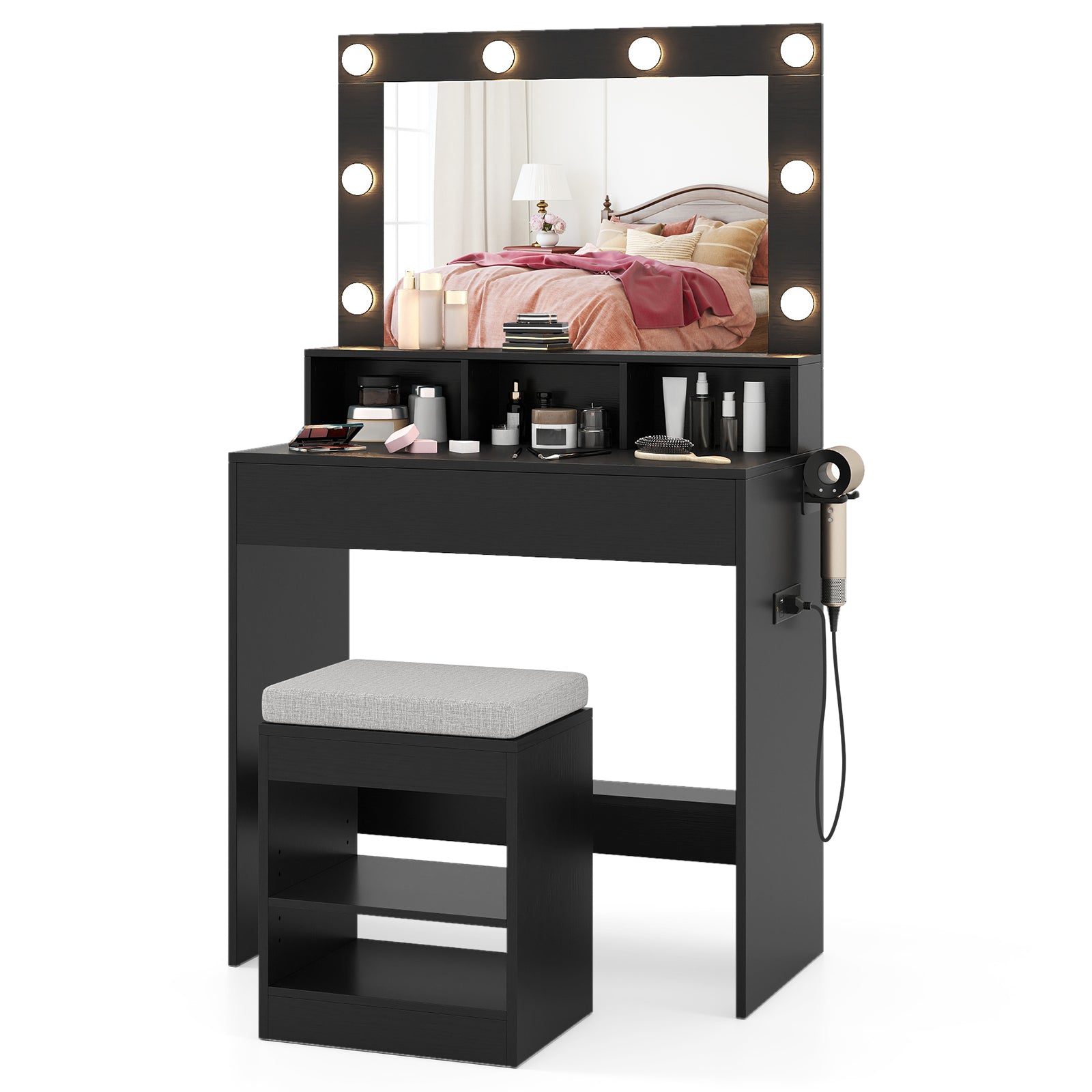 Vanity Table Set With Lighted Mirror, Cushion Stool, Black Makeup Vanities at Gallery Canada