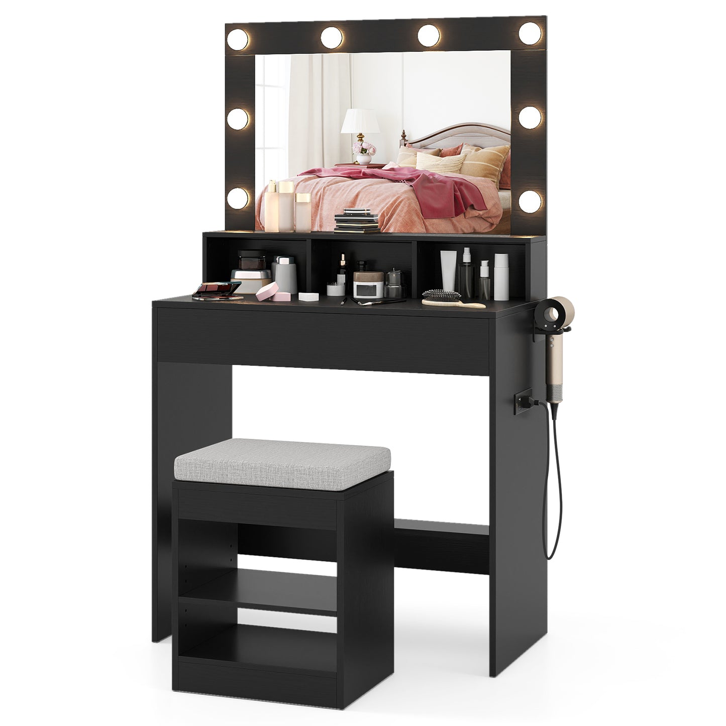Vanity Table Set With Lighted Mirror, Cushion Stool, Black Makeup Vanities at Gallery Canada