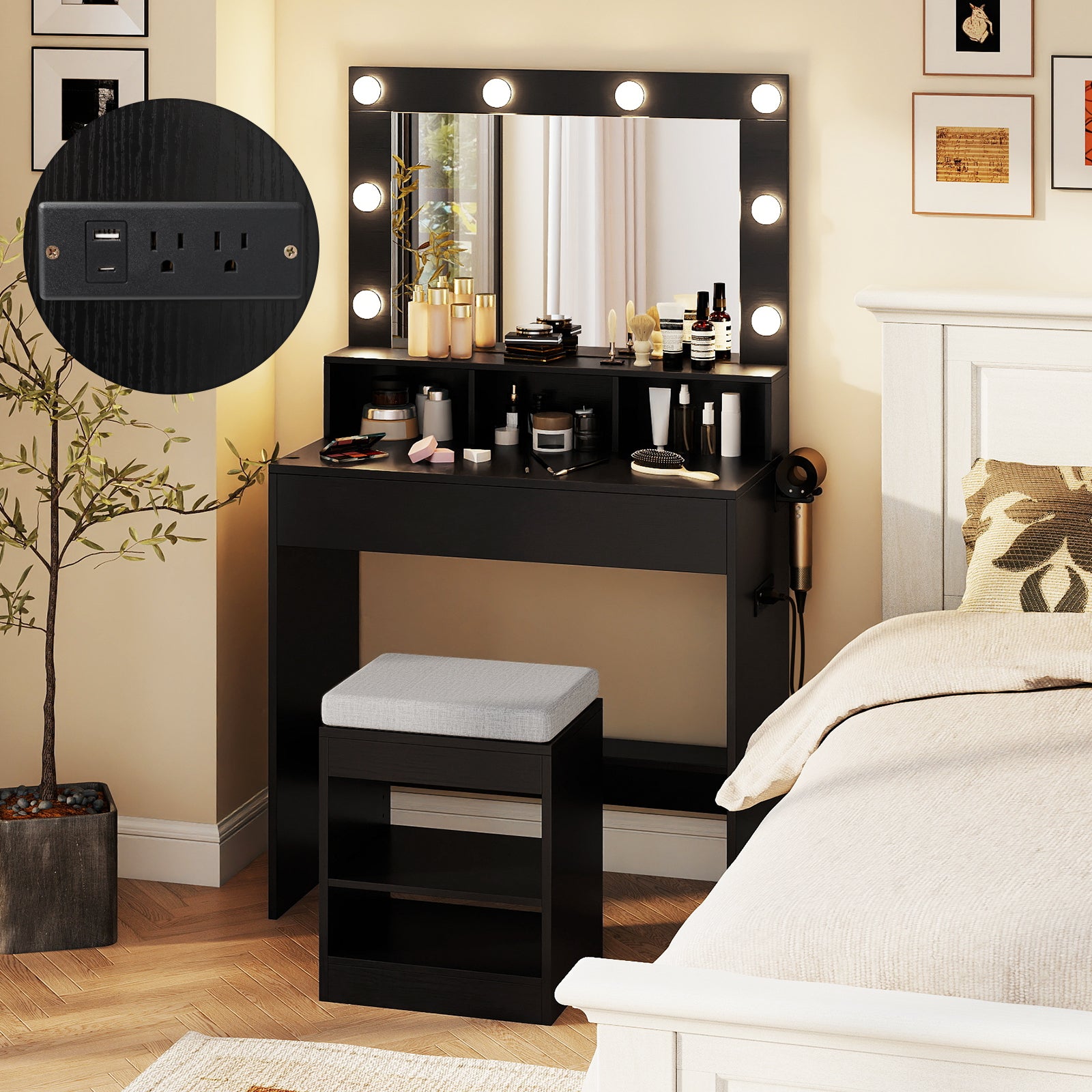 Vanity Table Set With Lighted Mirror, Cushion Stool, Black Makeup Vanities at Gallery Canada