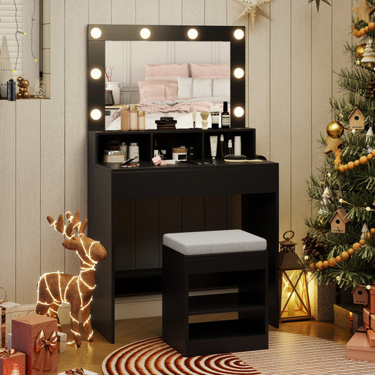 Vanity Table Set With Lighted Mirror, Cushion Stool, Black