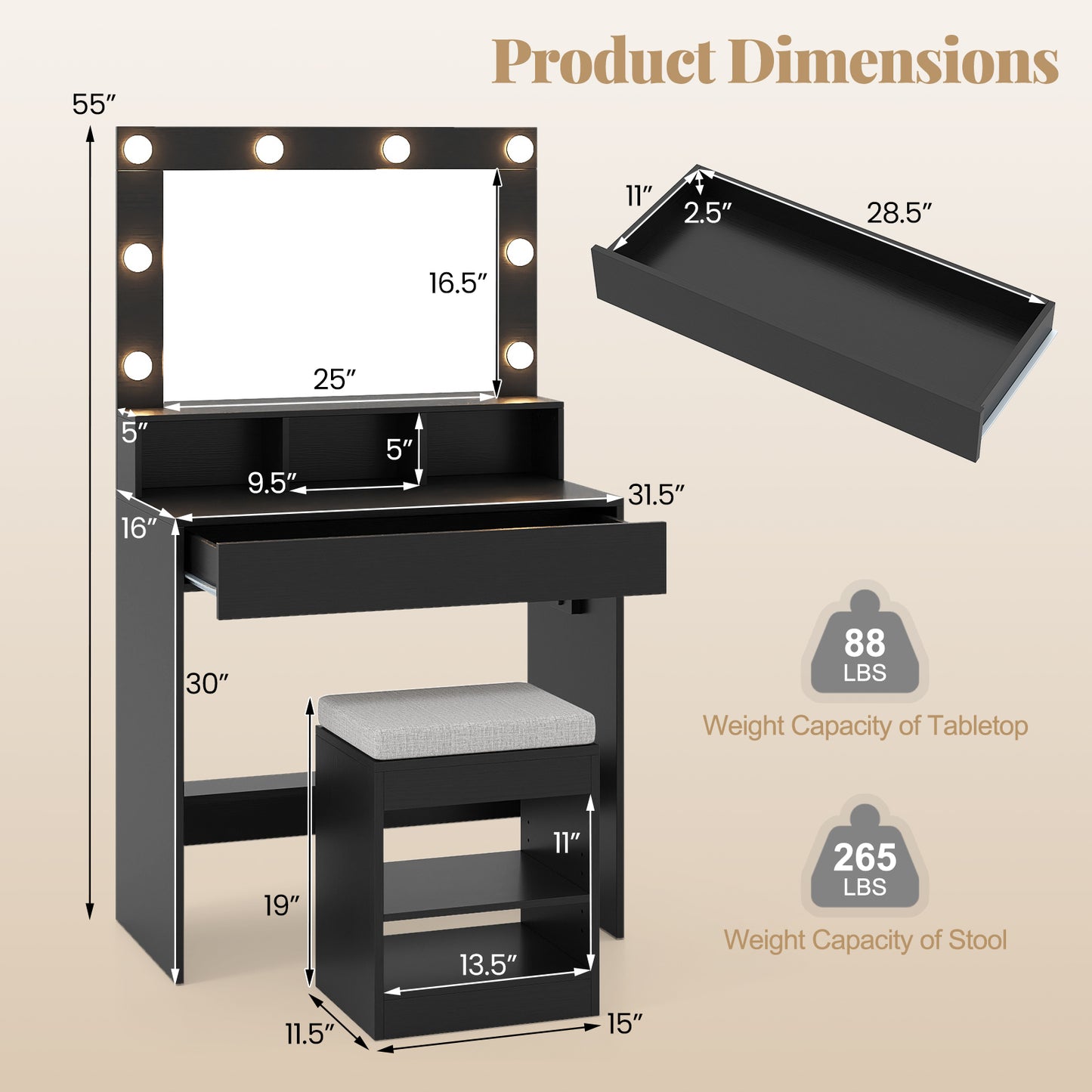 Vanity Table Set With Lighted Mirror, Cushion Stool, Black Makeup Vanities at Gallery Canada