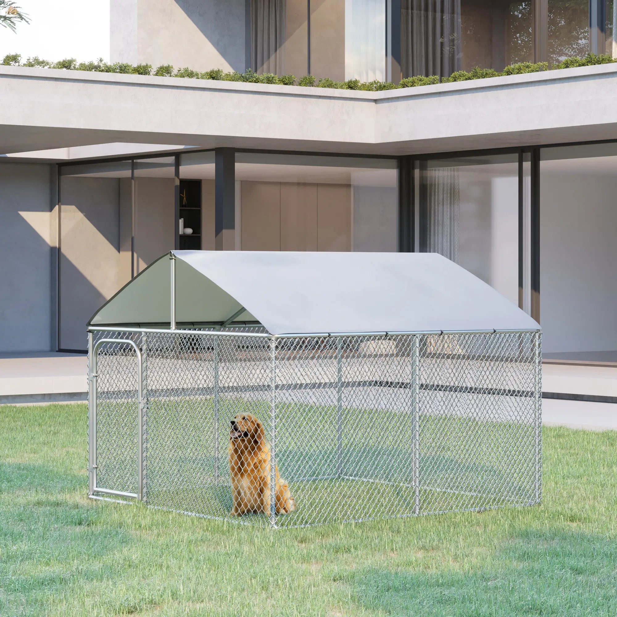 Outdoor Dog Kennel With Roof, Waterproof UV-Resistant Cover, Secure Lock, 7.5' x 7.5' x 5.7' Houses, Kennels & Pens at Gallery Canada