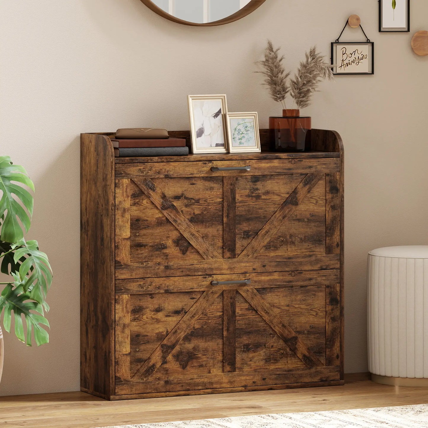 Narrow Shoe Storage Cabinet, Farmhouse Slim Shoe Cabinet with 2 Flip Drawers, Adjustable Shelves, Rustic Brown Shoe Storage Cabinets & Racks at Gallery Canada