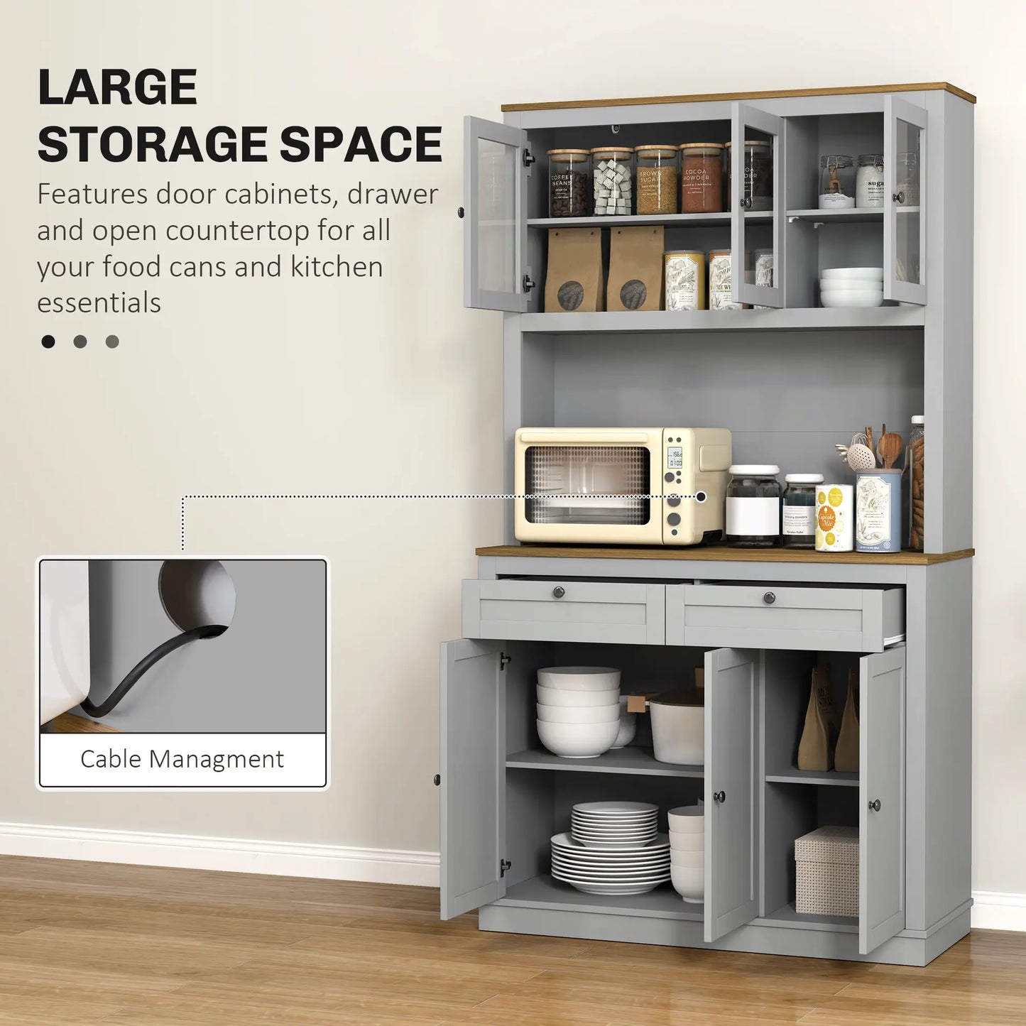 71" Pantry Cabinet with Microwave Space, 2 Drawers, Adjustable Shelves, Grey Kitchen Pantry Cabinets at Gallery Canada