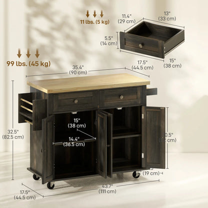 Kitchen Island with Storage, Rolling Cart, Rubber Wood Top, Brown Oak, Brown Kitchen Islands & Kitchen Carts at Gallery Canada