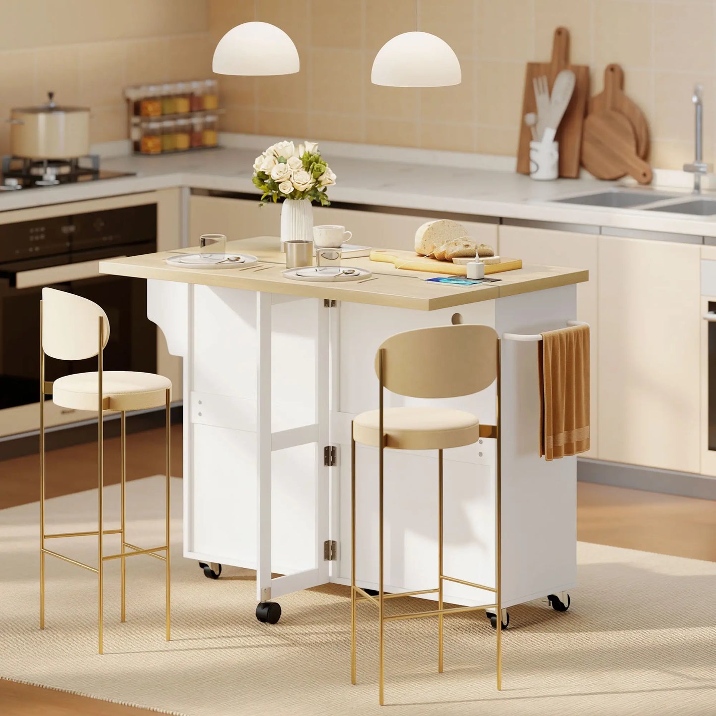 Rolling Kitchen Cart With Charging Station, Drop Leaf, Drawers