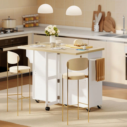 Rolling Kitchen Cart With Charging Station, Drop Leaf, Drawers Kitchen Islands & Kitchen Carts White, Natural Wood at Gallery Canada