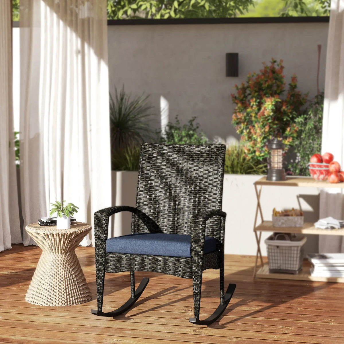 Outdoor Rocking Chair, Patio Wicker Chair, Removable Cushion, Navy Blue Outdoor Rocking Chairs at Gallery Canada