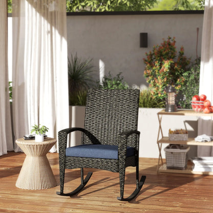 Outdoor Rocking Chair, Patio Wicker Chair, Removable Cushion, Navy Blue Outdoor Rocking Chairs at Gallery Canada