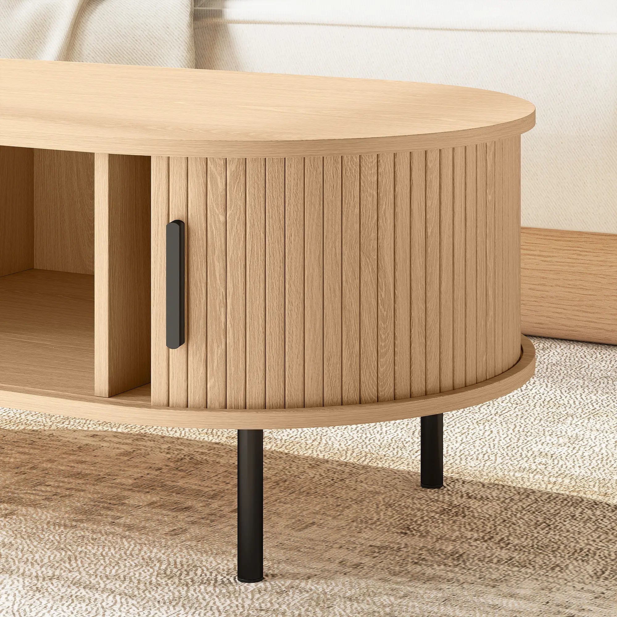 Coffee Table with Sliding Tambour Doors and Storage Center Table with Metal Legs, 39