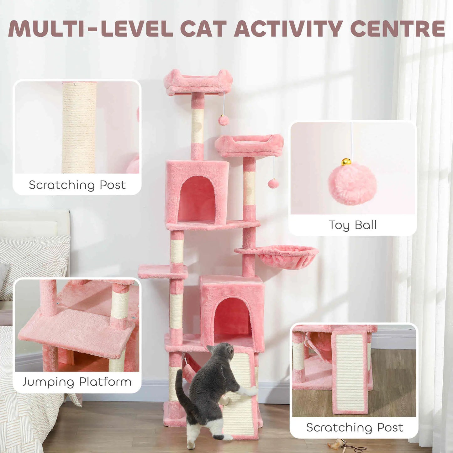 Cat Tree, 70 Inch Multi-Level Tower with Condos, Perches, Hammock, Pink Cat Towers at Gallery Canada