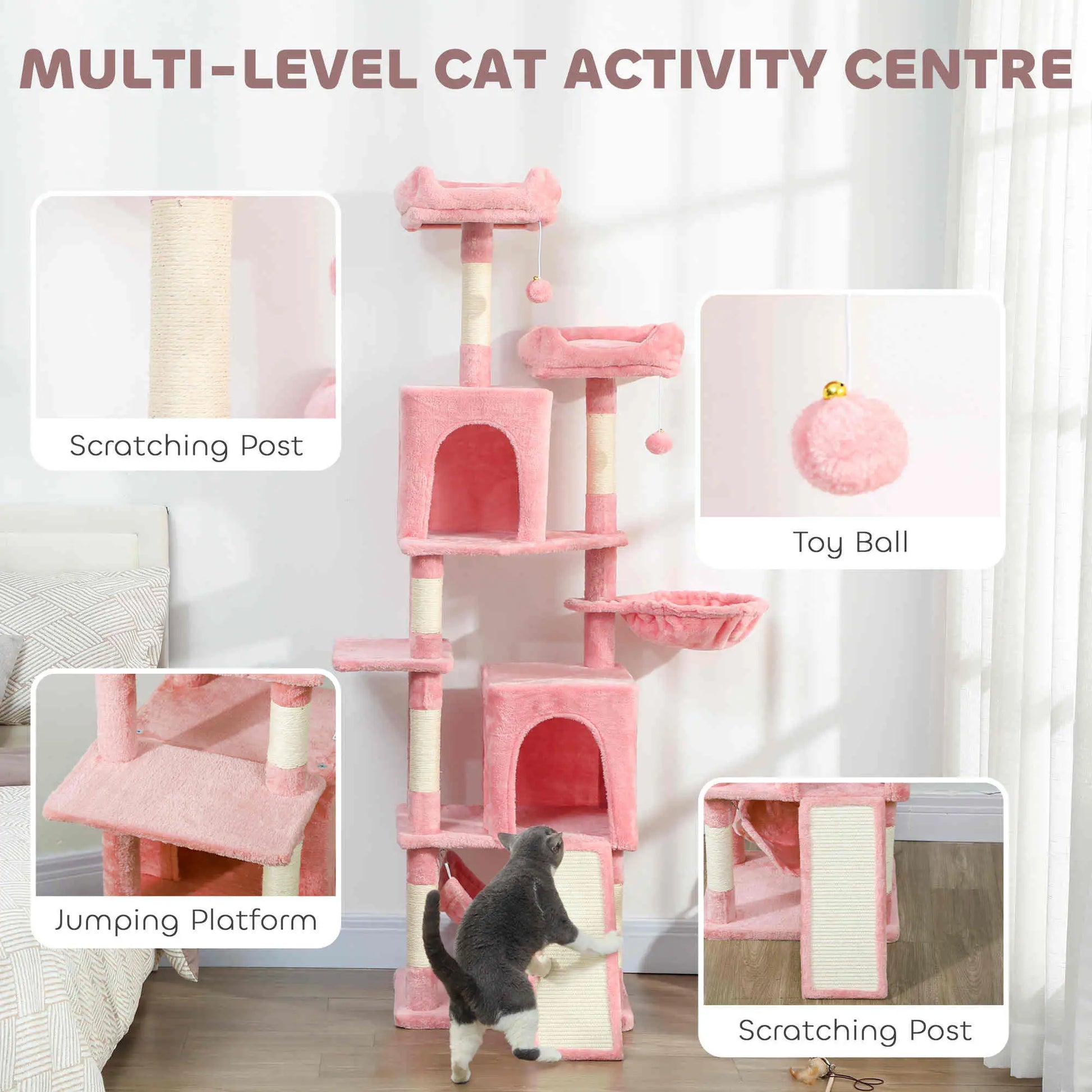 Cat Tree, 70 Inch Multi-Level Tower with Condos, Perches, Hammock, Pink Cat Towers at Gallery Canada