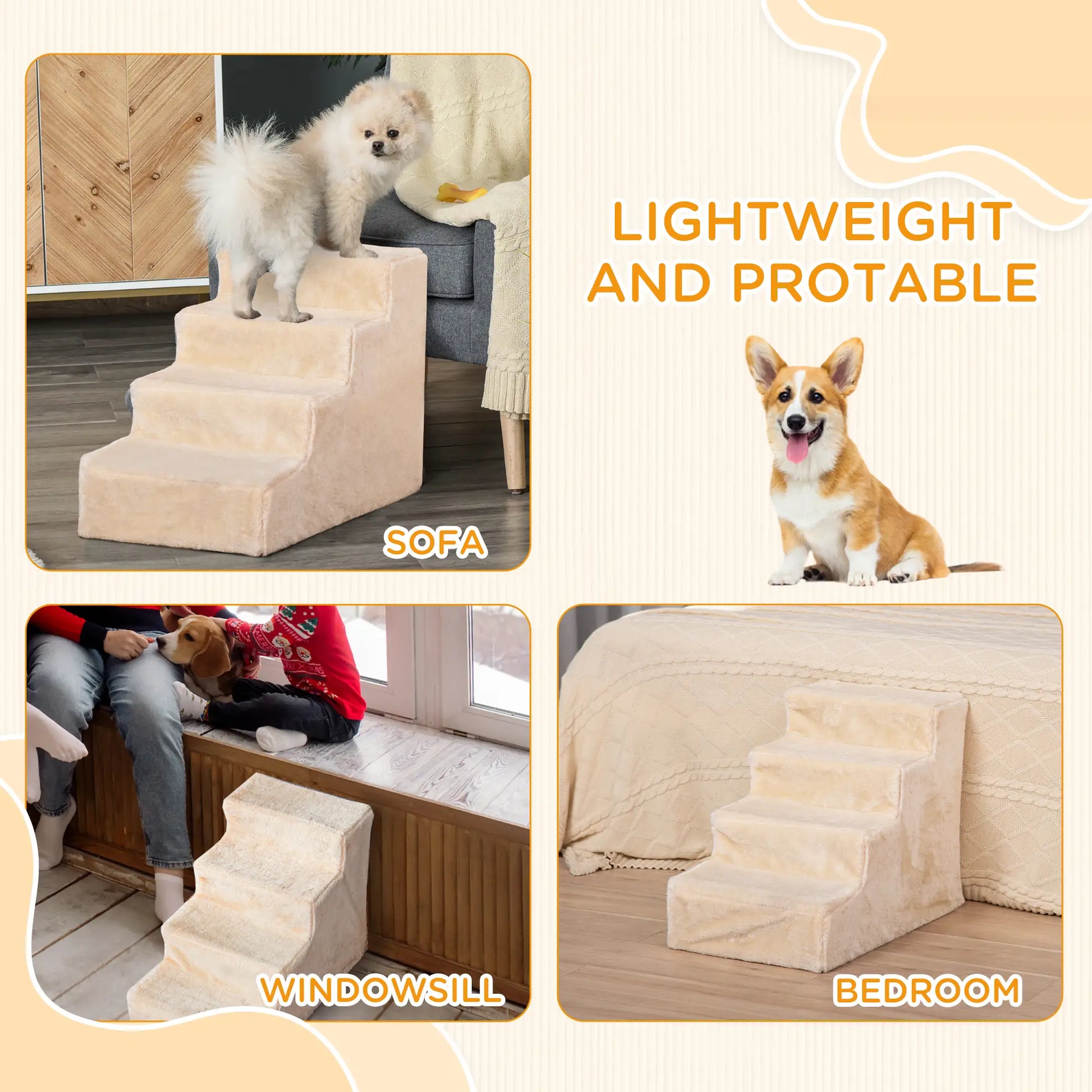 4-Step Dog Ramp for Sofa, Bed, Couch, Removable Cover, Beige Dog Stairs at Gallery Canada