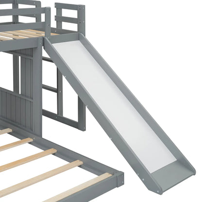 Twin Over Full Bunk Bed with Playhouse, Ladder, Slide, Guardrails, 82" L x 89" W x 82.5" H, Grey Bed Frames at Gallery Canada