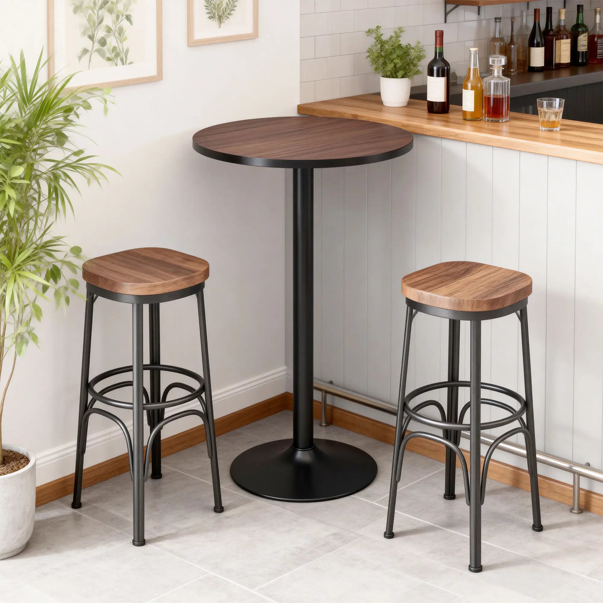 Round Bar Table 42 Inch, Industrial Bistro Table, Metal Base, Elm Wood Top Bar Tables & Dining Tables Brown, Black at Gallery Canada