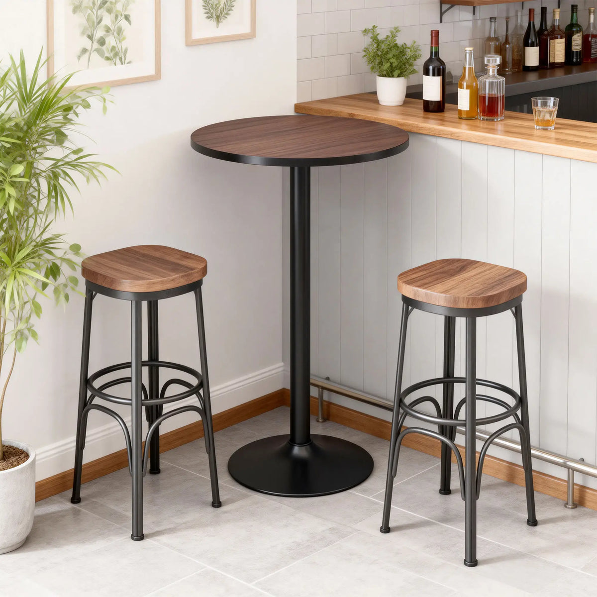 Round Bar Table 42 Inch, Industrial Bistro Table, Metal Base, Elm Wood Top Bar Tables & Dining Tables Brown, Black at Gallery Canada