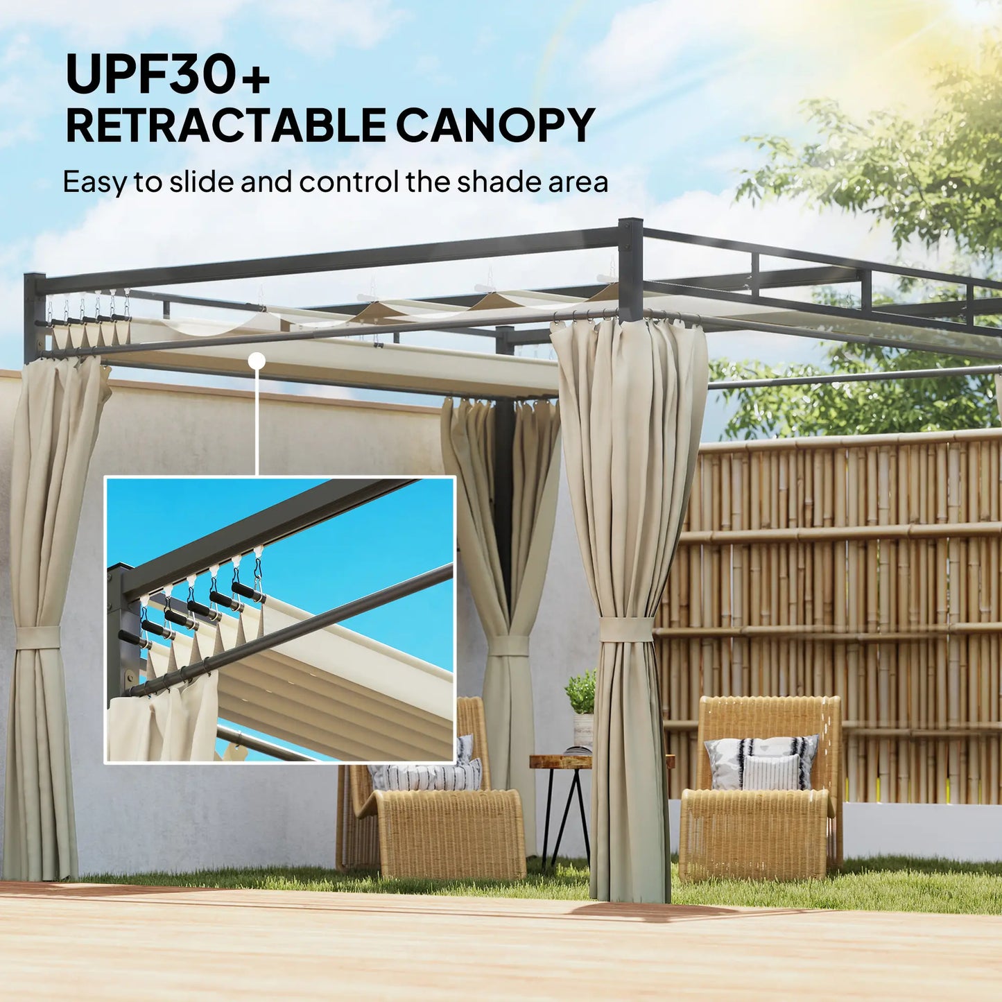 10' x 10' Outdoor Gazebo, Retractable Pergola Canopy With Curtains, Beige Pergolas at Gallery Canada