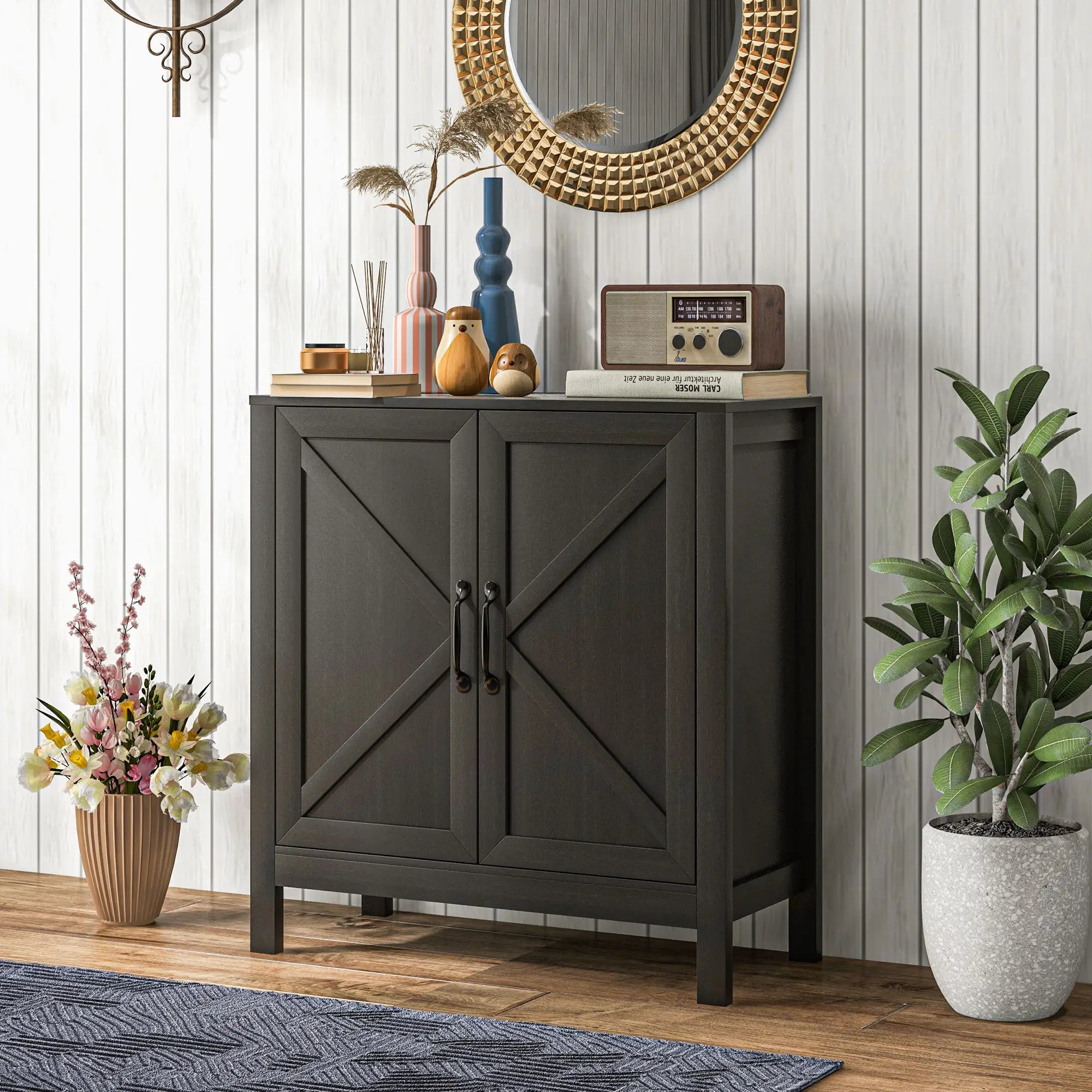 Sideboard Buffet, Kitchen Cabinet with Barn Door, Adjustable Shelves, Black Oak, Black Bar Cabinets at Gallery Canada