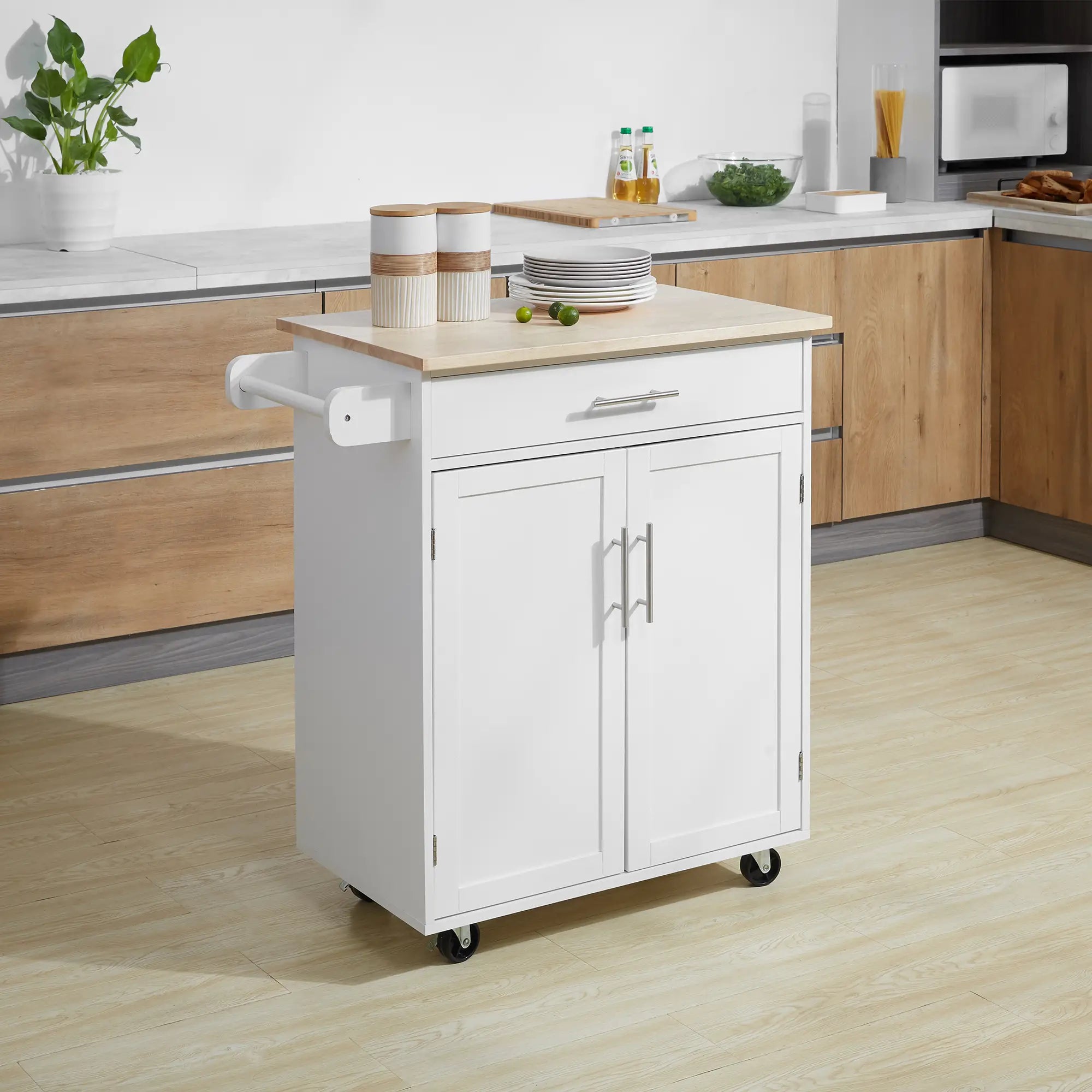 Mobile Kitchen Island Cart, Wooden Storage with Drawer, Towel Bar, White Kitchen Islands & Kitchen Carts at Gallery Canada