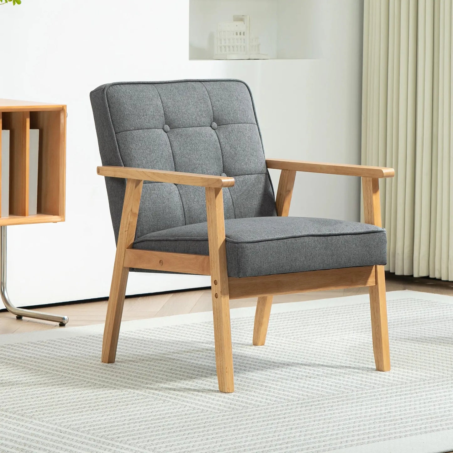 Modern Accent Chair with Button Tufted Back, Line-feel Fabric Armchair with Solid Wood Frame for Bedroom, Grey Accent Chairs at Gallery Canada