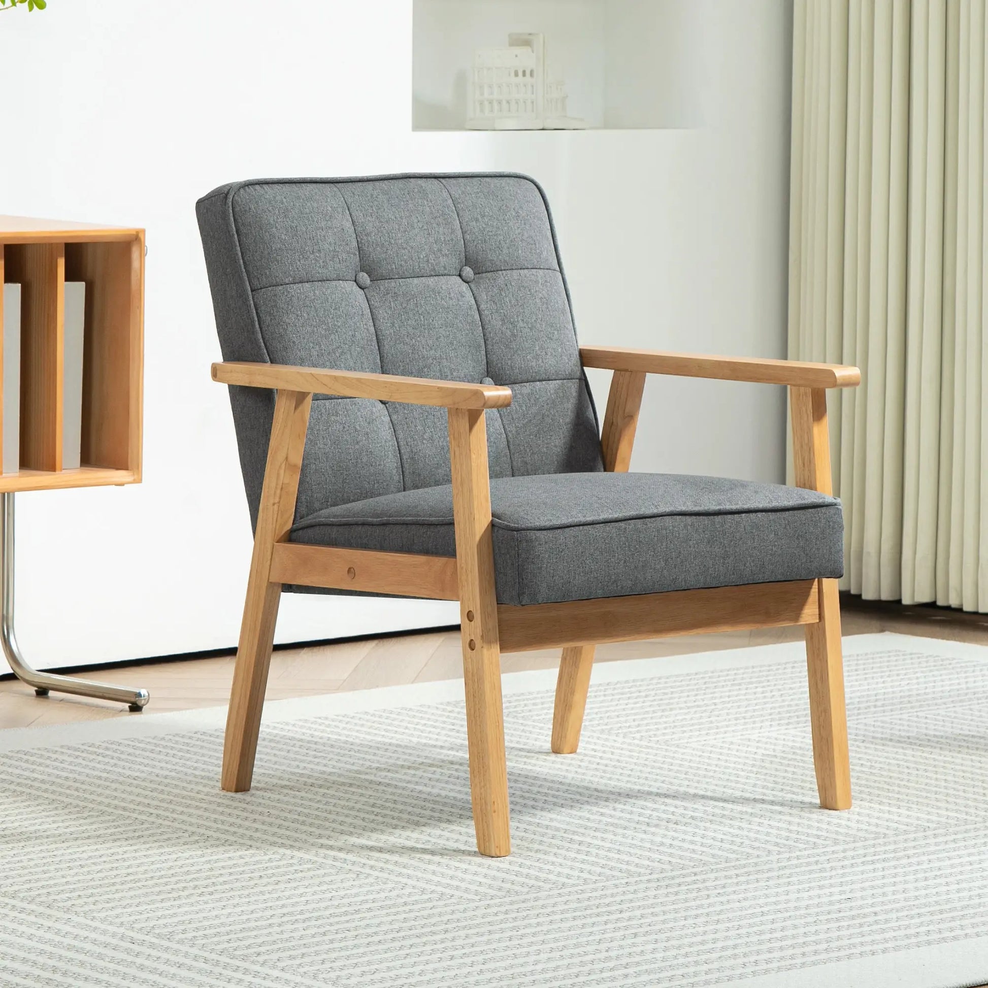 Modern Accent Chair with Button Tufted Back, Line-feel Fabric Armchair with Solid Wood Frame for Bedroom, Grey Accent Chairs at Gallery Canada