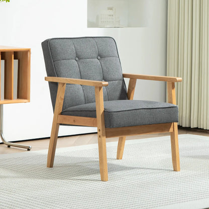 Modern Accent Chair with Button Tufted Back, Line-feel Fabric Armchair with Solid Wood Frame for Bedroom, Grey Accent Chairs at Gallery Canada