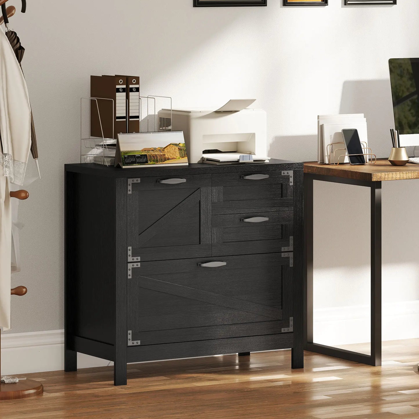 Lateral Filing Cabinet, 4 Drawers, Fits Letter/A4/Legal Files, Black Wood Grain, Black Office Cabinets & Cupboards at Gallery Canada