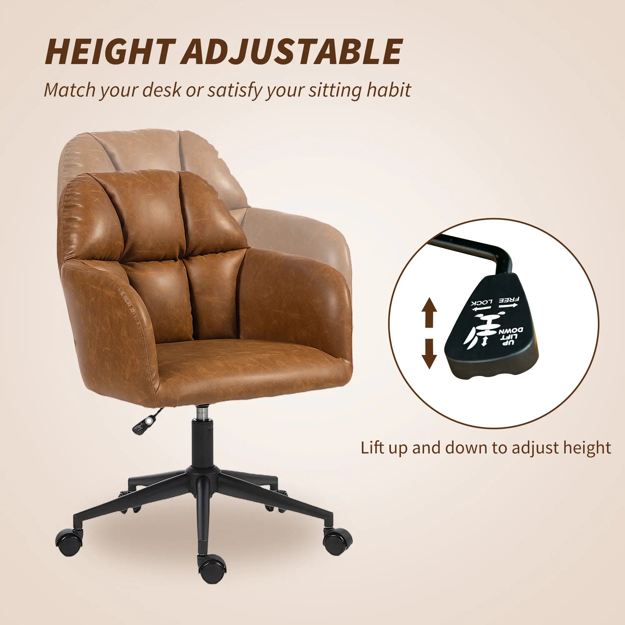 Swivel Office Chair, Faux Leather Desk Chair, Adjustable Height, Brown Task Chairs at Gallery Canada