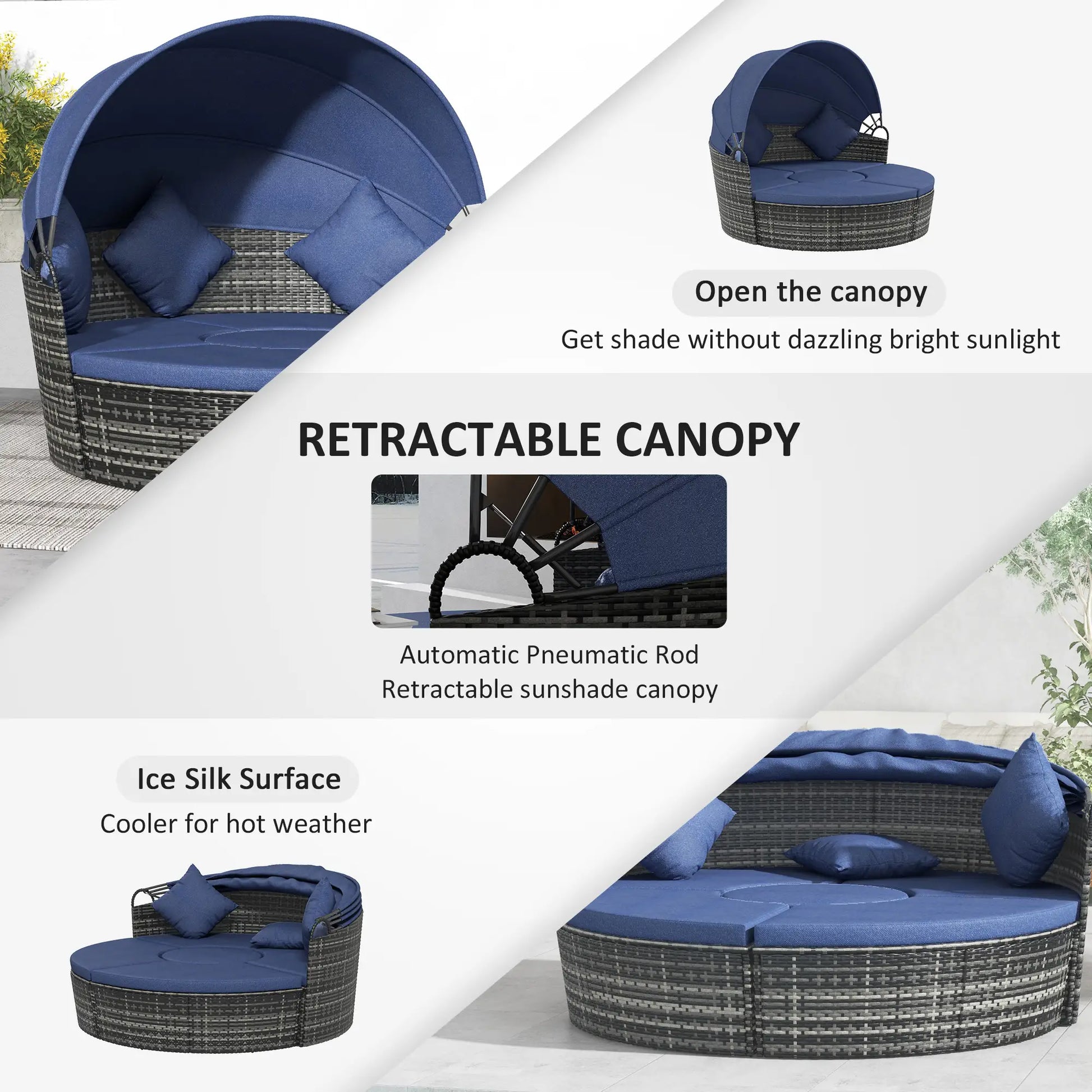Outdoor Daybed with Canopy, Wicker Round Sofa, 4 Pieces, Dark Blue Patio Furniture Sets at Gallery Canada