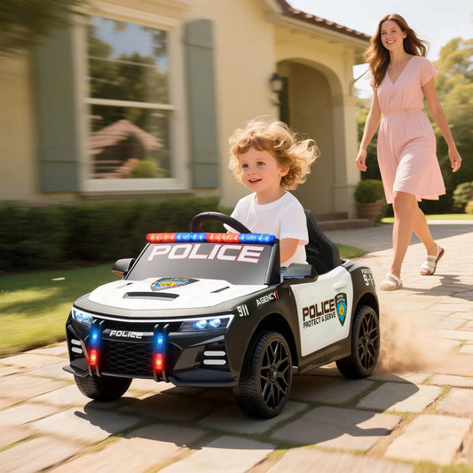 Kids Electric Police Car, Remote Control, Sirens, Lights, Music, White Electric Toy Cars White, Black at Gallery Canada