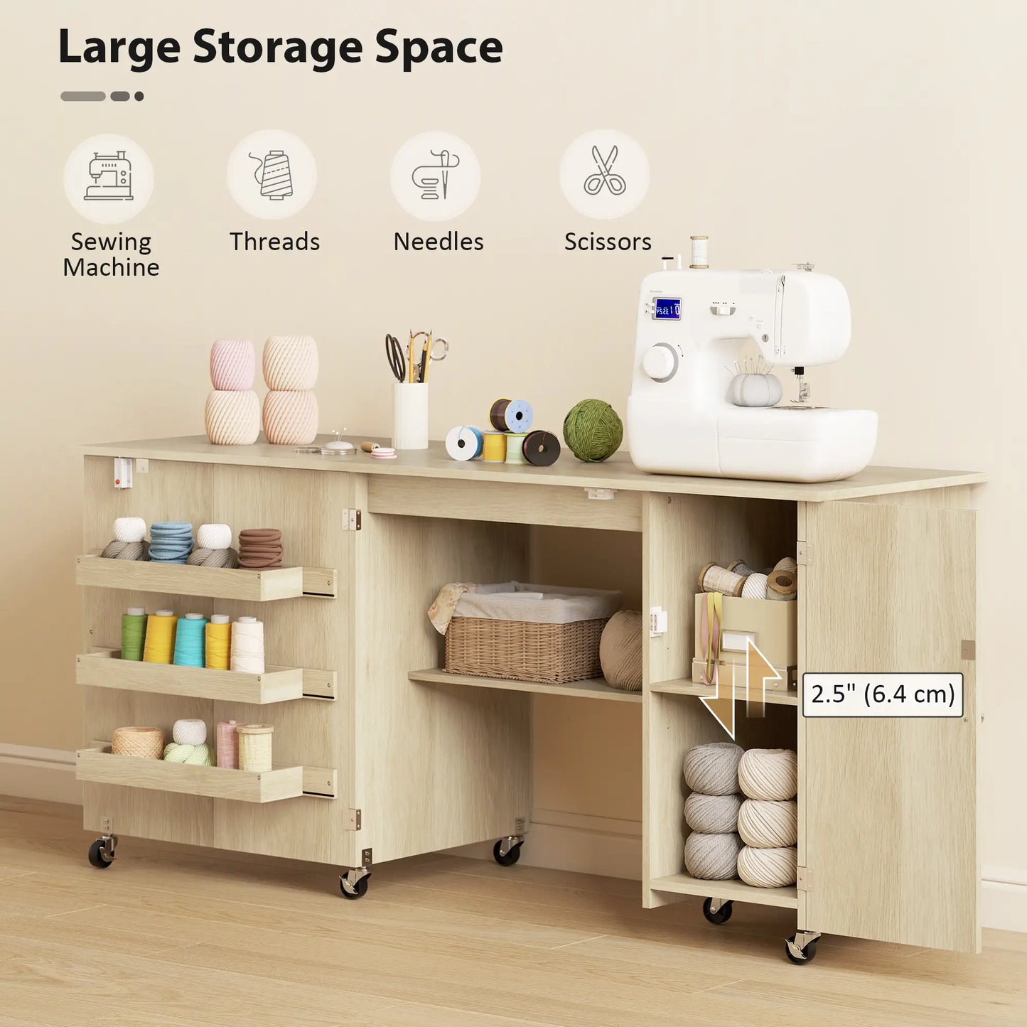 Sewing Machine Table, Drop Leaf, 2 Doors, Adjustable Shelf, Natural Sewing Cabinets at Gallery Canada