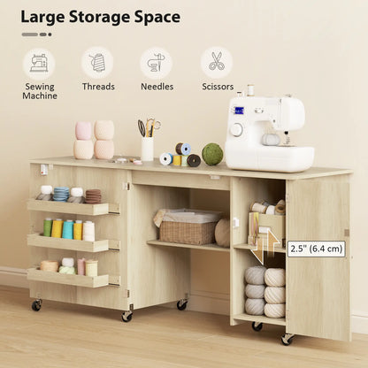 Sewing Machine Table, Drop Leaf, 2 Doors, Adjustable Shelf, Natural Sewing Cabinets at Gallery Canada