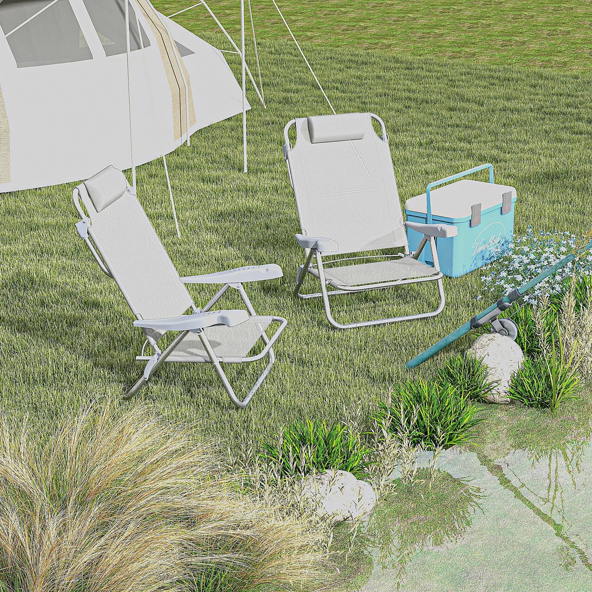 Set of 2 Fishing Chairs, Adjustable Backrest, Headrest, Light Grey Picnic Tables & Camping Chairs at Gallery Canada