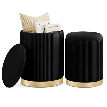 Velvet Linen Fabric Storage Ottoman Set, 2 Piece, Black Ottomans Black at Gallery Canada