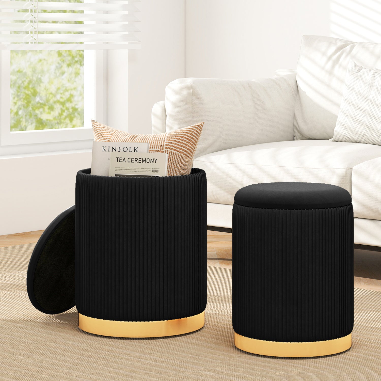 Velvet Linen Fabric Storage Ottoman Set, 2 Piece, Black Ottomans at Gallery Canada