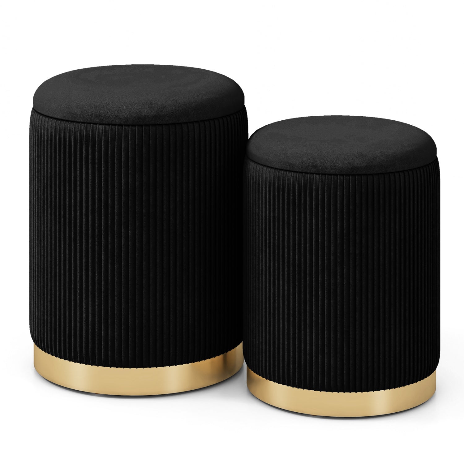 Velvet Linen Fabric Storage Ottoman Set, 2 Piece, Black Ottomans at Gallery Canada