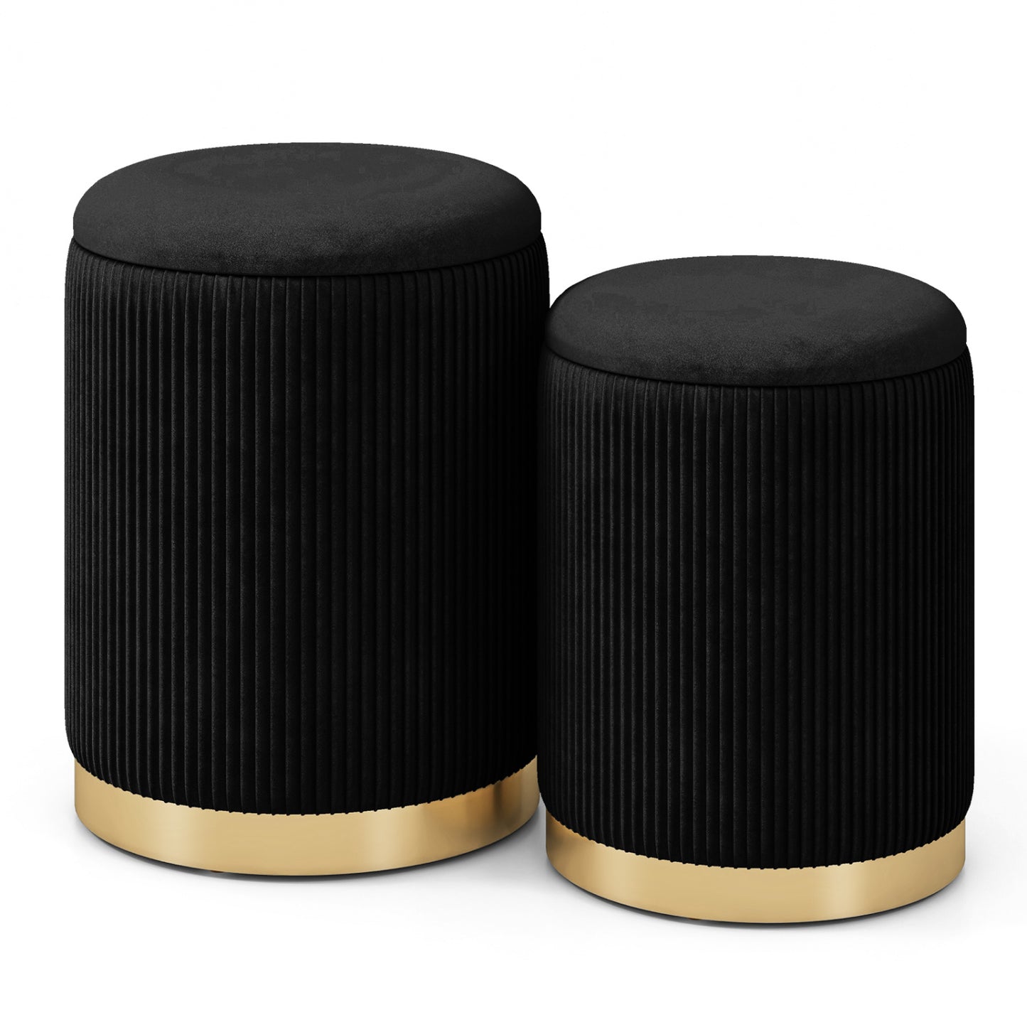 Velvet Linen Fabric Storage Ottoman Set, 2 Piece, Black Ottomans at Gallery Canada