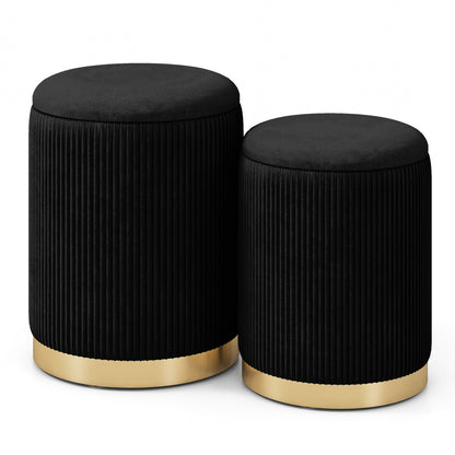 Velvet Linen Fabric Storage Ottoman Set, 2 Piece, Black Ottomans at Gallery Canada