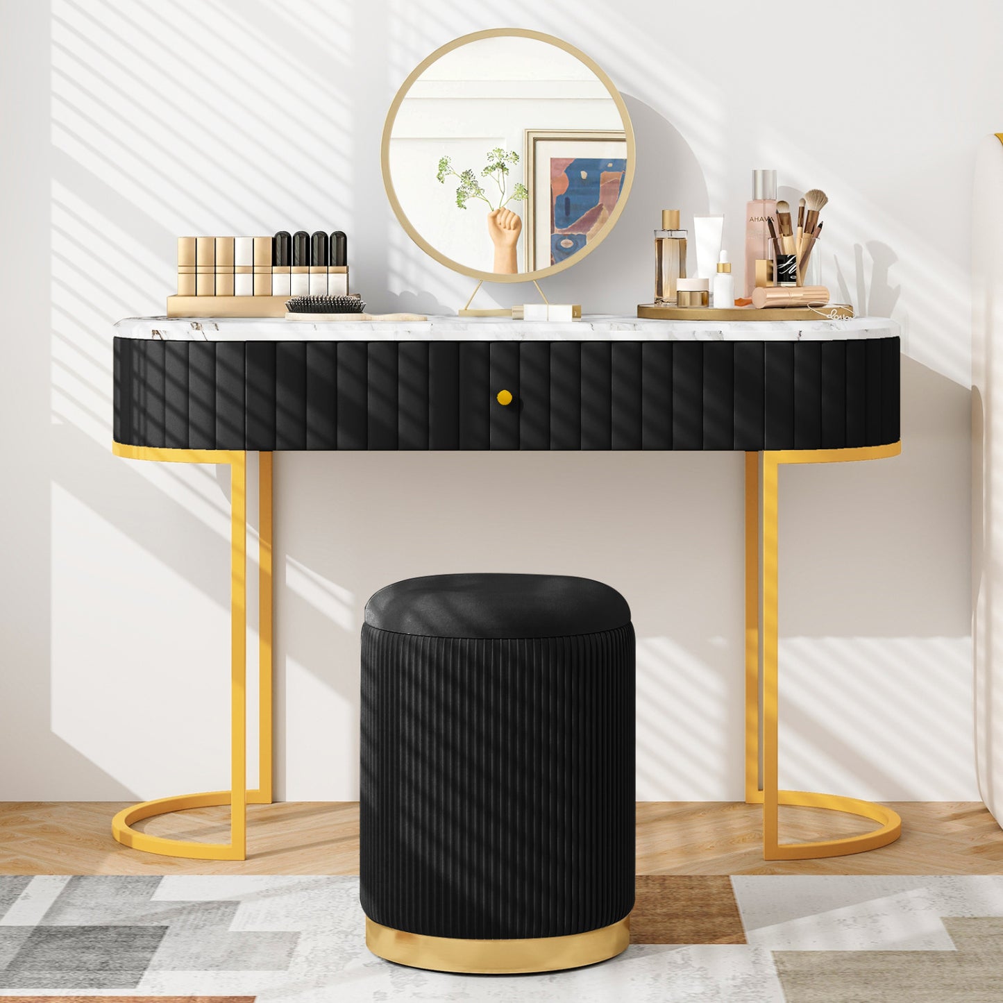 Velvet Linen Fabric Storage Ottoman Set, 2 Piece, Black Ottomans at Gallery Canada
