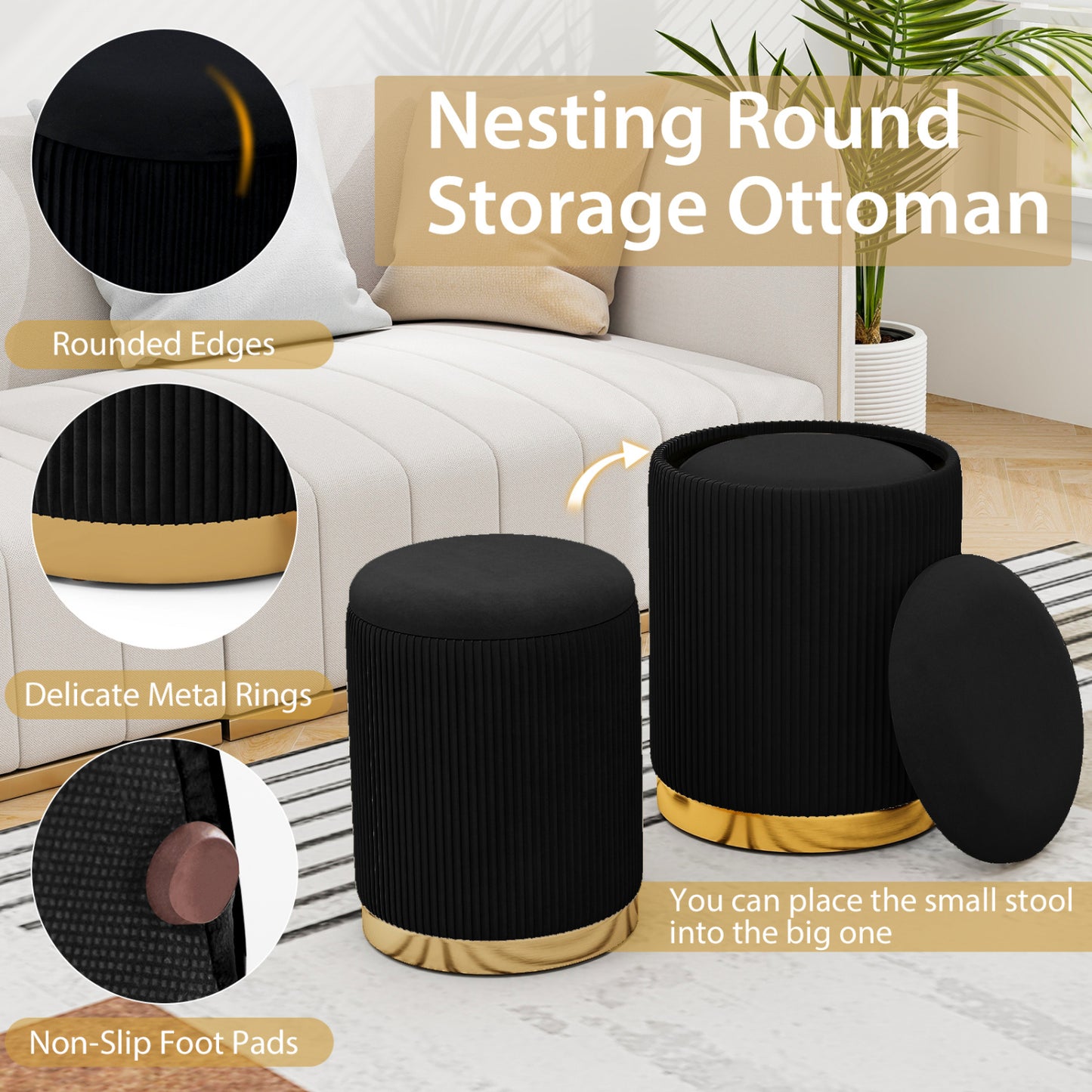 Velvet Linen Fabric Storage Ottoman Set, 2 Piece, Black Ottomans at Gallery Canada